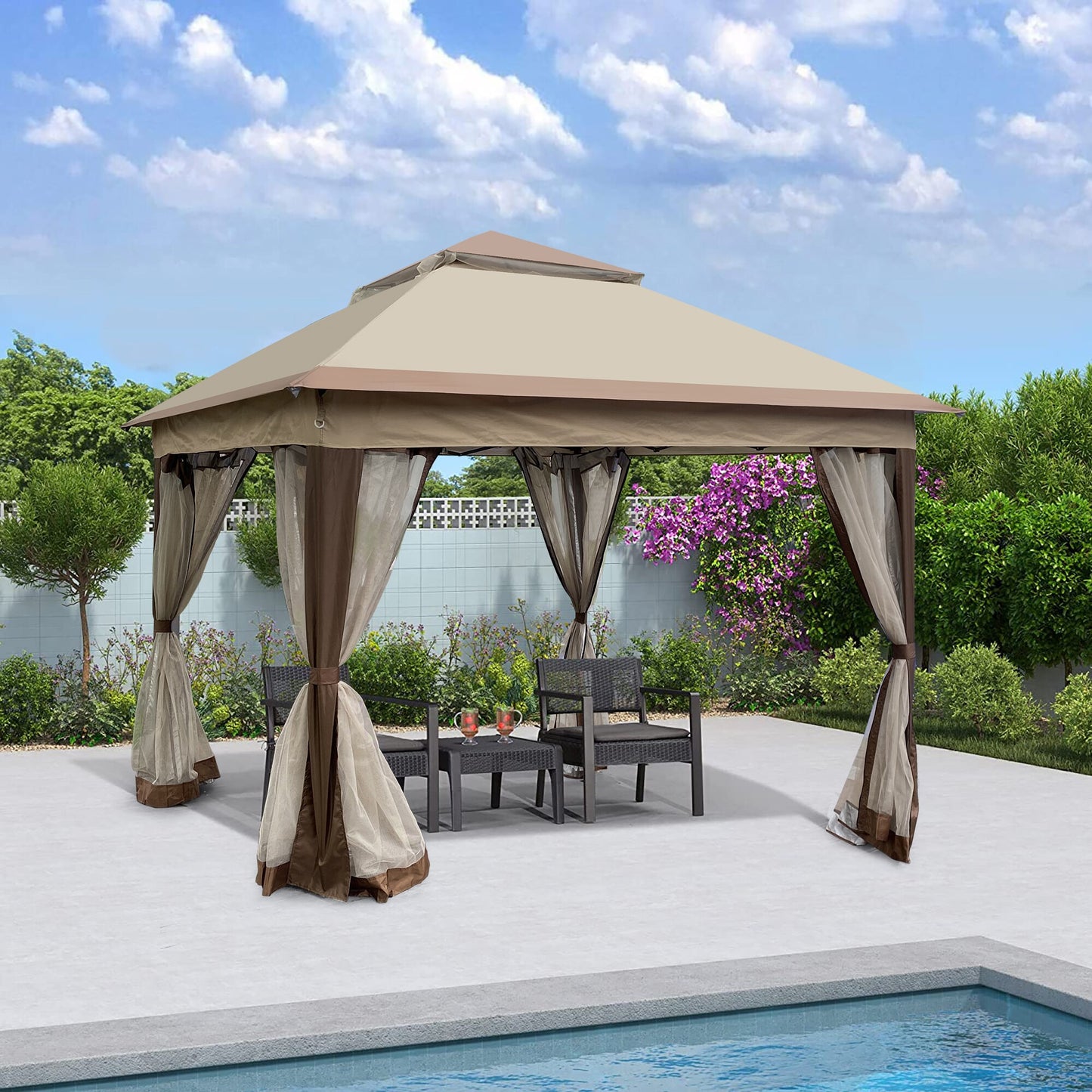 Bayfeve 11-ft x 11-ft Outdoor Patio Gazebo Coffee with Soft Top Roof (Screen Included)