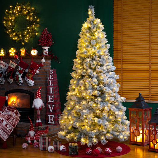Glitzhome 7.5-ft Pre-lit Flocked Artificial Christmas Tree with White LED Lights