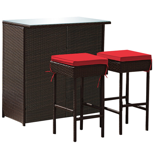 Costway 3 -Piece Brown Rattan Bar Height Patio Dining Set Rattan Square Table with 2 Red Cushions Stationary Chairs