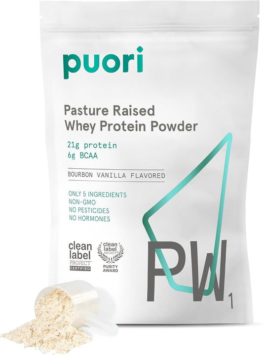 Puori Whey Protein Powder - Bourbon Vanilla - PW1 Pasture Raised, Grass-Fed & Non-GMO - 100% Natural and Pure for Muscle Growth - 21g Protein 1.98lbs - Gluten-Free