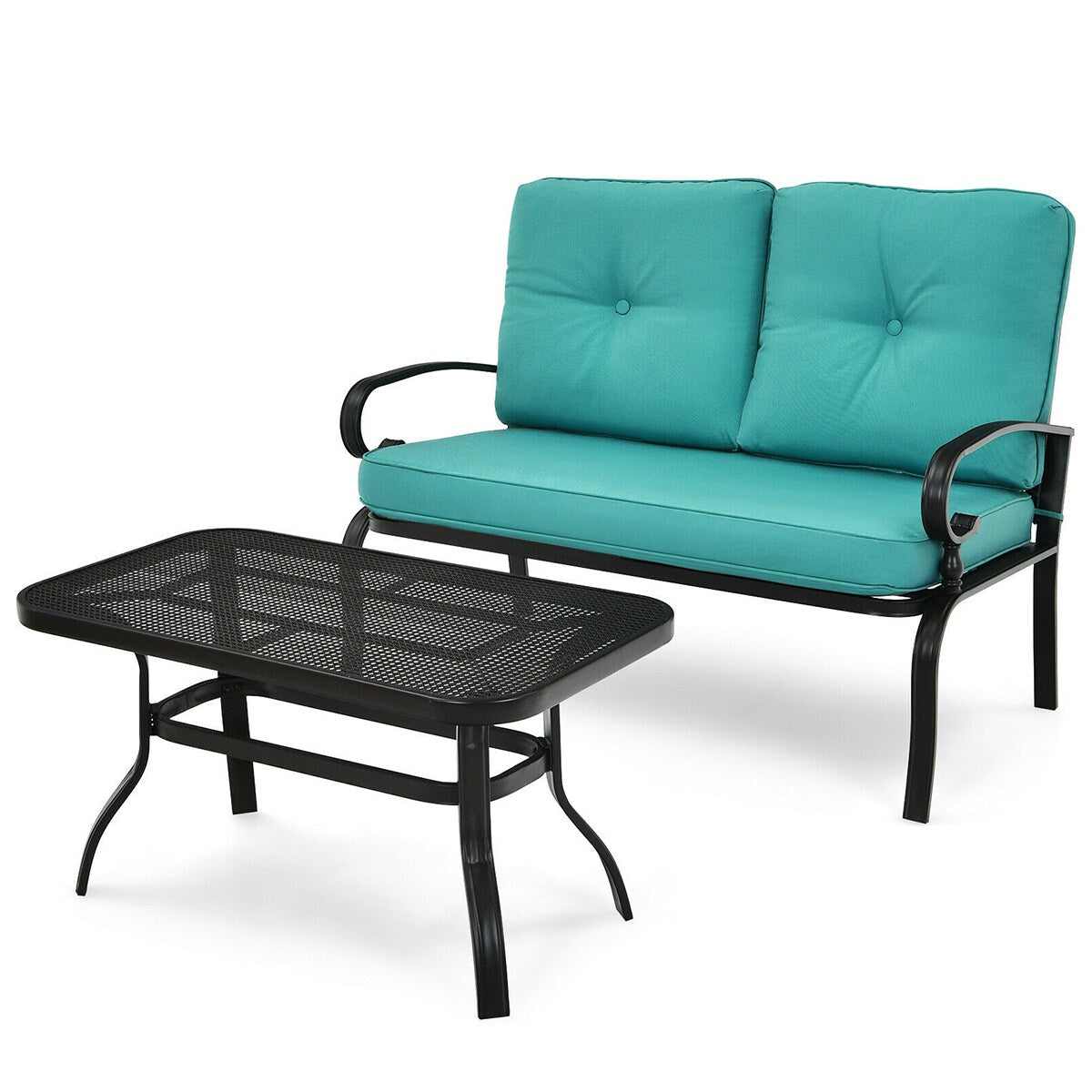WELLFOR Outdoor Loveseat with Blue Cushions and Steel Frame