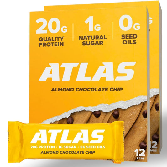 Atlas Protein Bar – 20g Clean Protein, 1g Natural Sugar, No Seed Oils, Gluten Free, No Artificial Sweeteners - Almond Chocolate Chip 24 Count