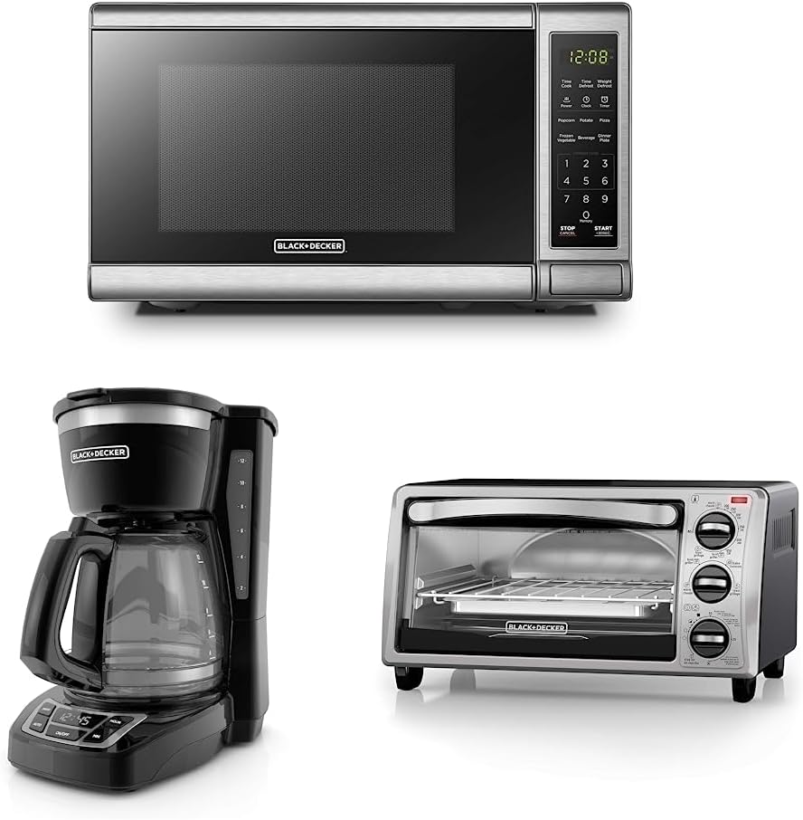 BLACK+DECKER EM720CB7 Digital Microwave Oven, 700W, Stainless Steel, 0.7 Cu.ft & CM1160B 12-Cup Programmable Coffee Maker, Black\/Stainless Steel & 4-Slice Convection Oven, Stainless Steel