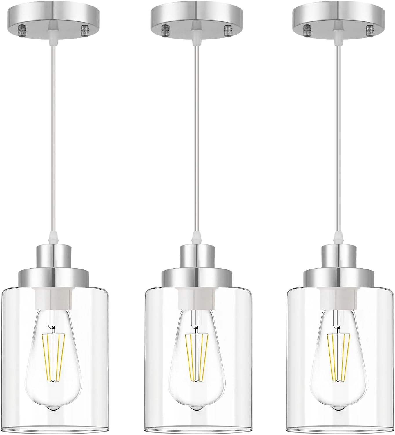 WimiSom Industrial Pendant Lighting, Modern Clear Glass Shade Pendant Lights, Adjustable Hanging Light Fixtures, Farmhouse Pendant Lighting for Kitchen Island Living Room Bedroom Hallway 3-Pack