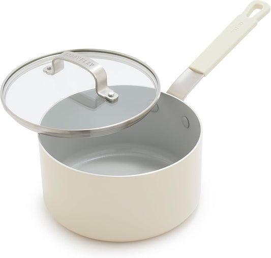 GreenPan x Bobby Flay 2.5QT Nonstick Saucepan with Glass Lid, PFAS-Free Diamond Ceramic, Induction Suitable, Stay-Cool Silicone Handle, Easy Clean Dishwasher & Oven Safe, Chef Pan, Cream
