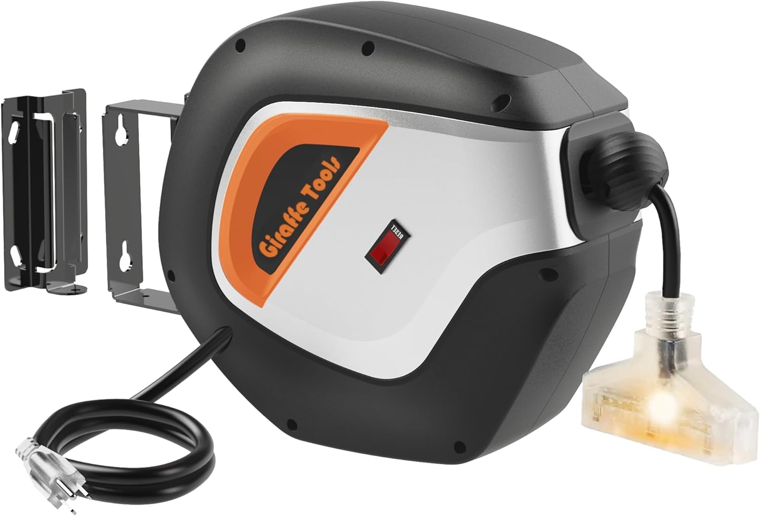 Giraffe Tools Retractable Power Cord Reel, 50ft 12AWG\/3C SJT Heavy Duty Extension Cord Storage Reel Wall\/Ceiling Mount for Garage with Lighted Triple Tap