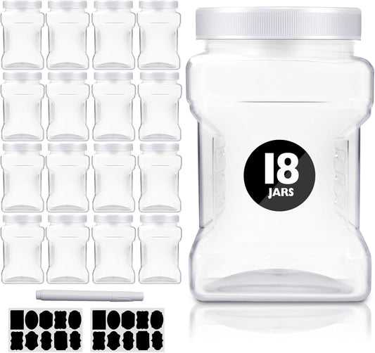18 Pack Clear Plastic Storage Jars with Lids,27 oz Easy Grip Handles Plastic Containers,Reusable Wide Mouth Plastic Canisters,with Airtight Lids Square Paint Storage Containers for Kitchen Supplies