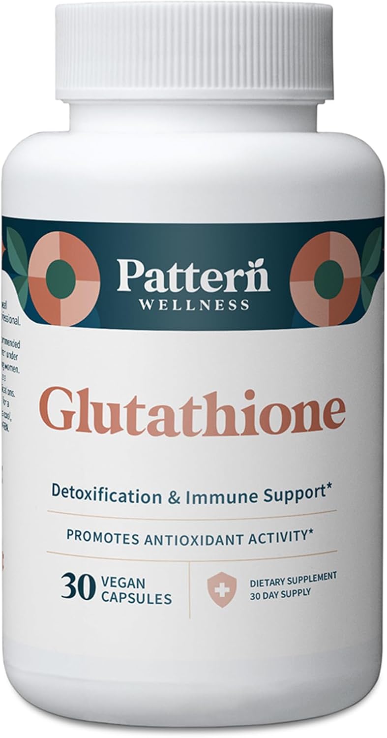 Pattern Wellness Glutathione Supplement - Active Reduced Glutathione Formula with Added Vitamin C - Cell, Antioxidant, + Immune Health Support - 30 Vegan Capsules
