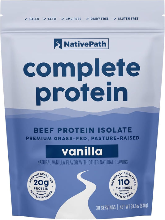 NativePath Complete Beef Protein Powder Isolate – Grass-Fed, Pasture-Raised, Dairy & Lactose Free, Gluten Free, Zero Sugar, MCTs & Amino Acids – 20g Protein, Vanilla Flavor, 30 Servings
