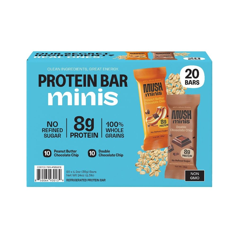 Mini Protein Bars - No Refined Sugar, 8g Protein, 100% Whole Grain, Gluten Free & Kosher Variety Pack Double Chocolate Chip and Peanut Butter Chocolate chip (20 Bars)