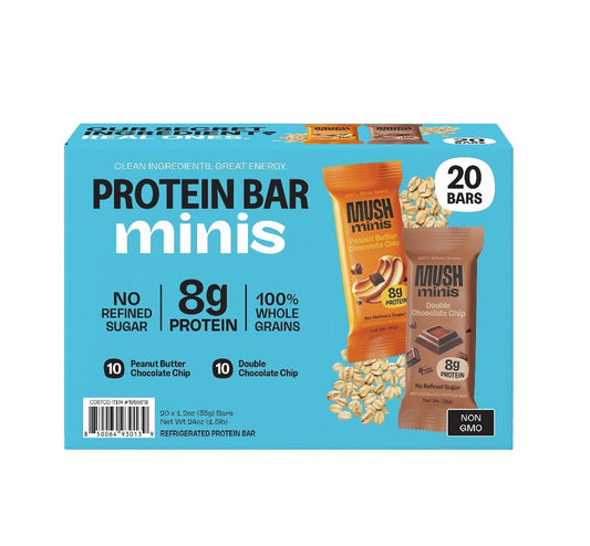 Mini Protein Bars - No Refined Sugar, 8g Protein, 100% Whole Grain, Gluten Free & Kosher Variety Pack Double Chocolate Chip and Peanut Butter Chocolate chip (20 Bars)