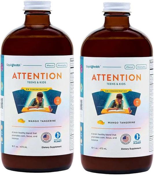 LIQUIDHEALTH Attention, Liquid Multivitamin for Kids & Teens - Improves Memory Retention, Concentration, Focus, Mood, Relaxation & Calming - Made in The USA, Great Taste, Vegan, Sugar-Free (2 Pack)