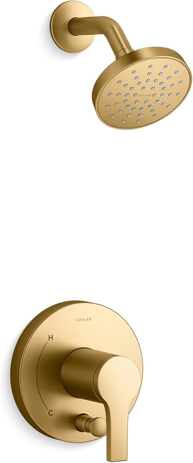 KOHLER T35326-4G-2MB, Elate Rite-Temp Shower Trim Kit with Push-Button Diverter, 1.75 GPM Showerhead, Vibrant Brushed Moderne Brass, Efficient Water Flow, Luxurious Shower Experience
