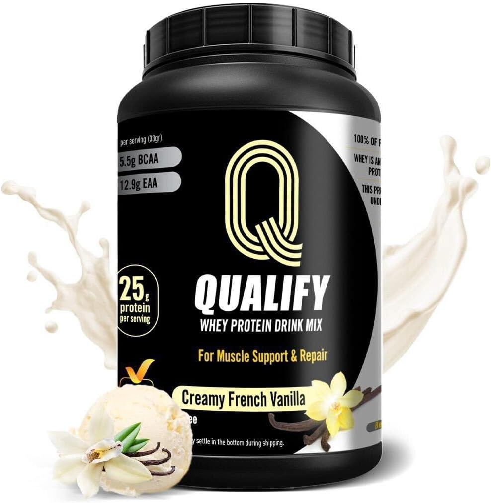Qualify French Vanilla Whey Protein Powder. 25g Protein, 5.5g BCAA, Cholov Yisroel Kosher, Gluten-Free, Sugar-Free, Keto-Friendly, Smooth Mixing Post-Workout Protein Shake Powder, 26.4oz (23 Servings)