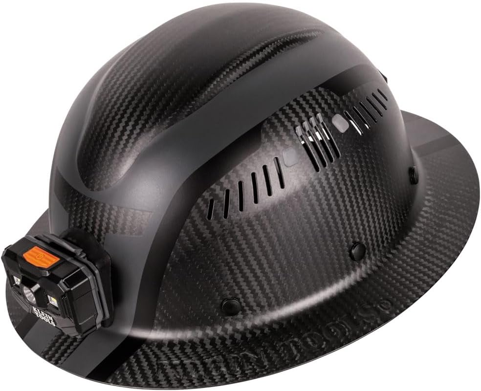 Klein Tools 60514 Hard Hat, K12 Series Carbon Fiber Full Brim, Rechargeable Headlamp, Vented, Class C, Type 1, Spartan