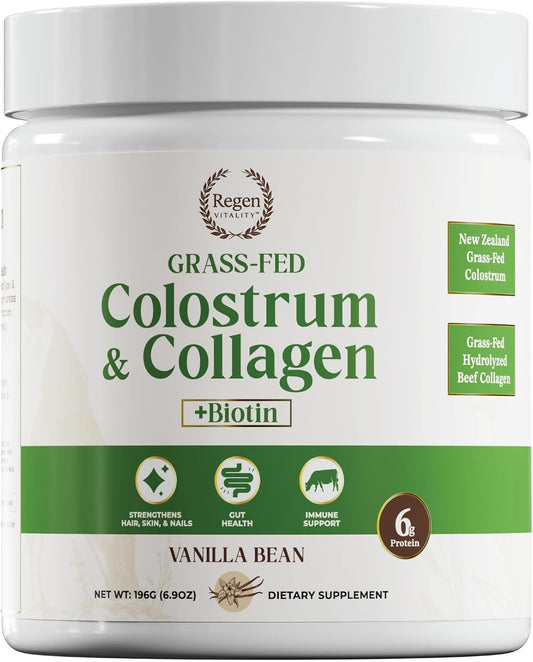 Grass-Fed Colostrum & Collagen Powder | Gut Health, Hair, Skin & Joint Support | New Zealand Bovine Colostrum, Hydrolyzed Collagen Peptides, 300mcg Biotin | Vanilla Bean | 28 Servings