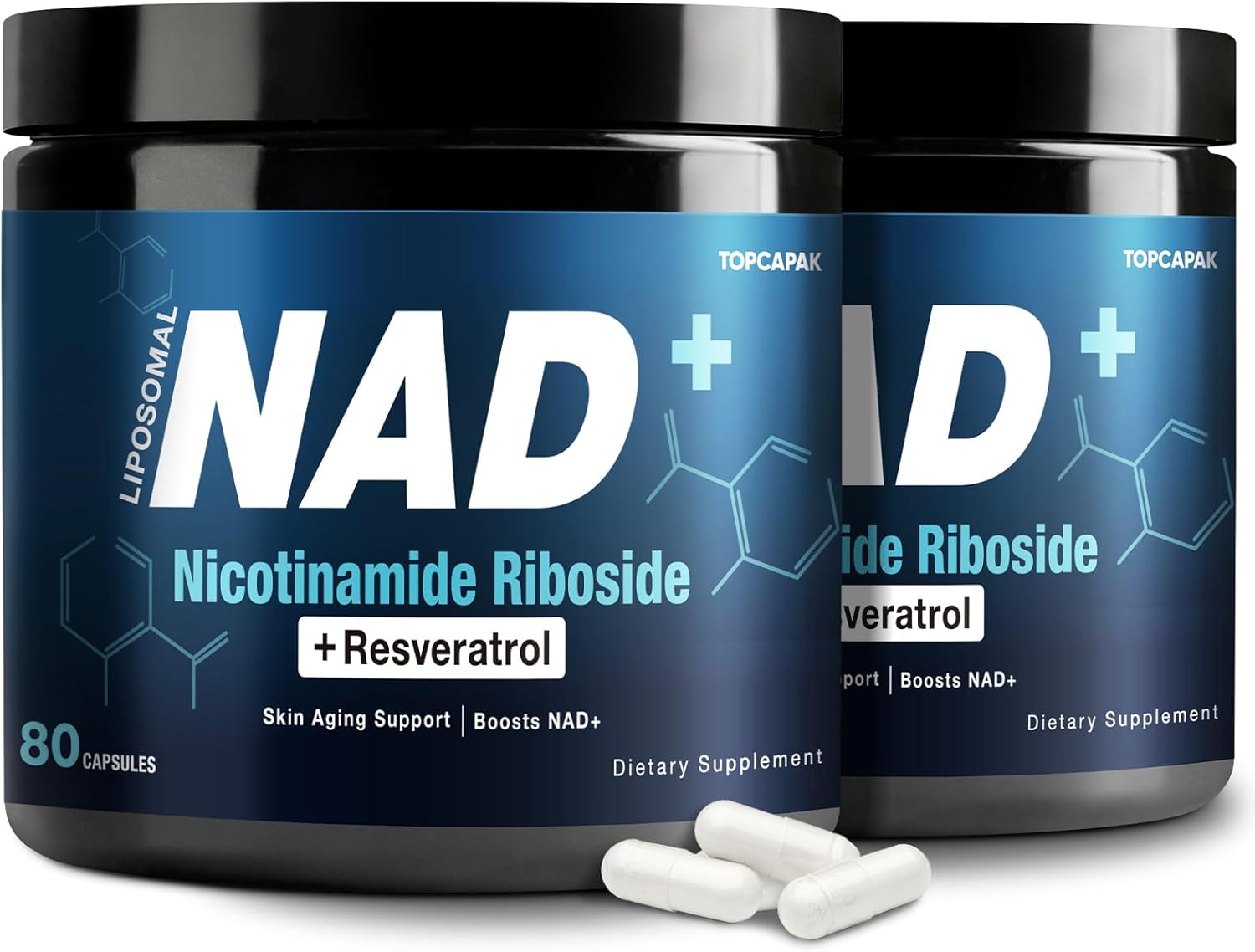 NAD+ Supplement 1000mg - Nicotinamide Riboside (NR) and Resveratrol, Liposomal NAD of Pure Organic Ingredients for Women & Men Healthy Aging, Brain and Cellular Energy, 80 Capsules(2Pcs)