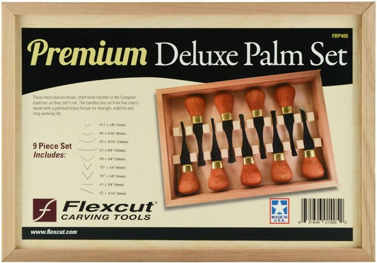 Flexcut Wood Carving Tools Premium Deluxe Palm Set FRP405, 9-Piece,1095 High Carbon Steel Blades, Cherry Hardwood Handles, Made in the U.S.A.