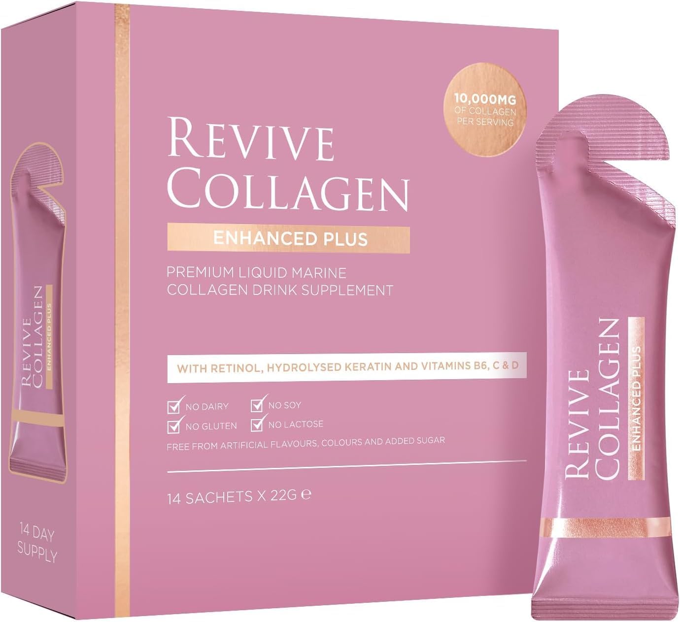 Revive Collagen Enhanced Plus 10,000mg Hydrolyzed Marine Collagen Drink with Added Vitamin A & C for Healthy Skin, Hair, Nails & Joints | Tropical (14 Days Supply)
