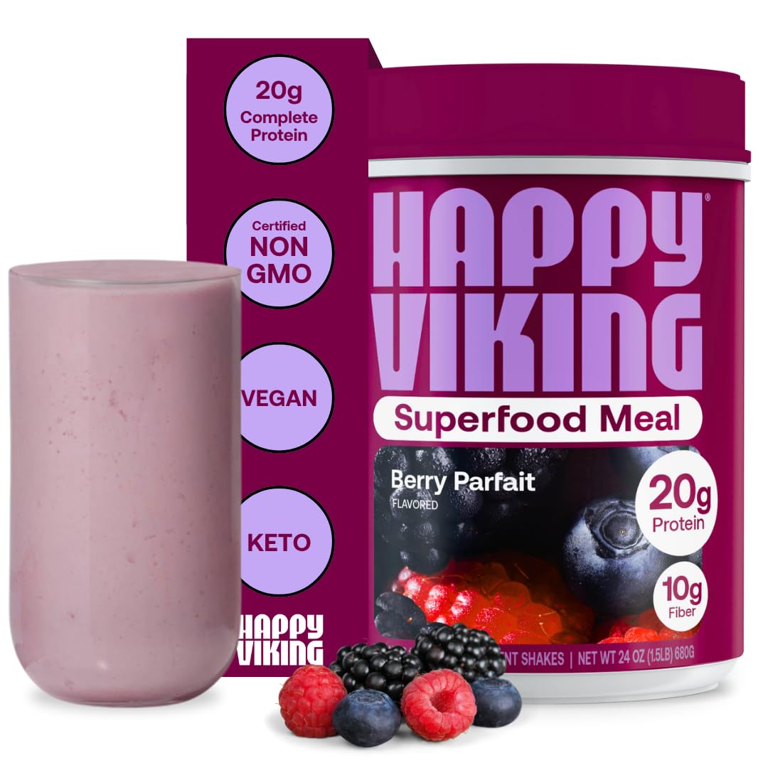 Happy Viking Berry Parfait Plant Protein Powder, Created by Venus Williams, 20G Protein, Low Carb, Keto, Vegan, Gluten-Free, Non-GMO, Superfoods, Complete Meal Replacement, 1 Canister (24 oz.)