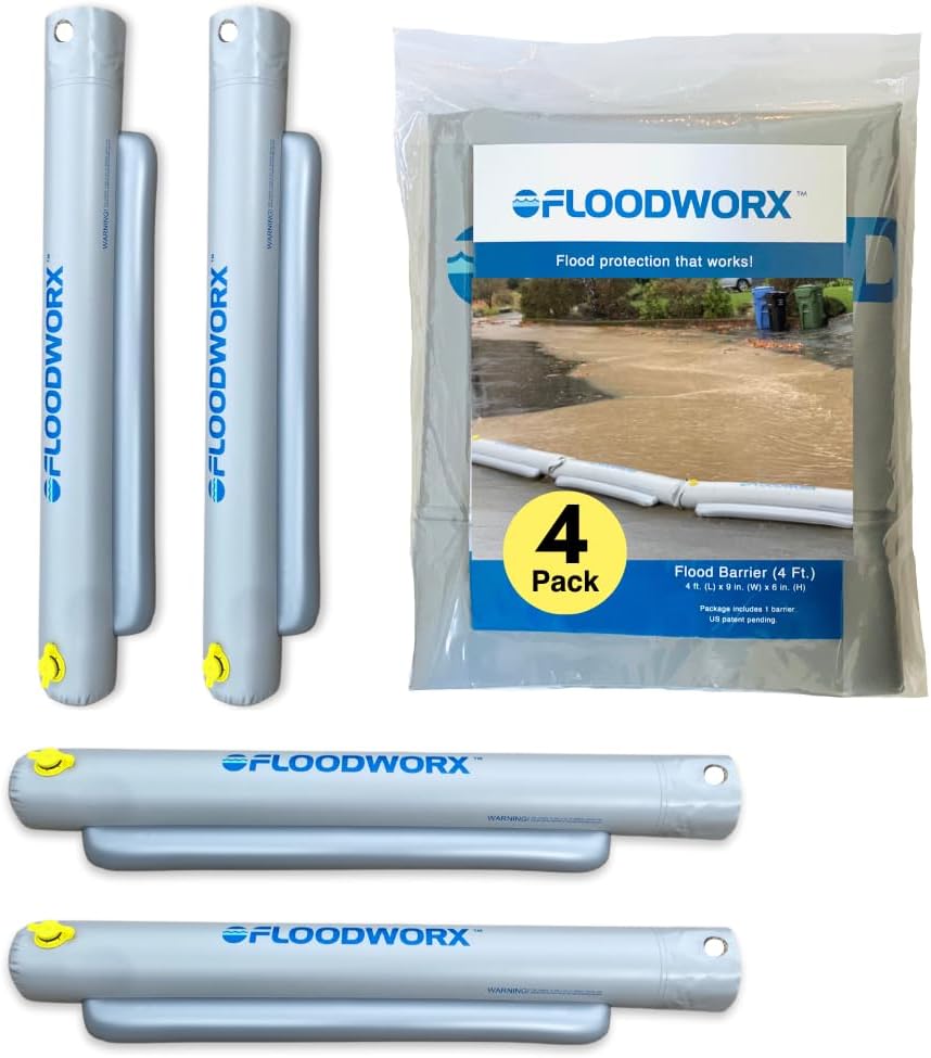 FLOODWORX Reusable Flood Barrier & Water Diverter | No Sand Bags, Reusable Flood Protection | Protects Home, Garage, Driveway & Doorway | Flood Prevention Tool | Fast Setup - 4ft x 6in