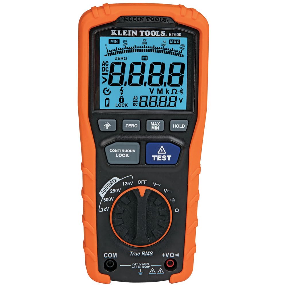 Klein Tools ET600 Multimeter, Megohmmeter Insulation Tester, 4000 Ohms Resistance, 125V\/250V\/500V\/1000V, Auto-Ranging TRMS Multimeter