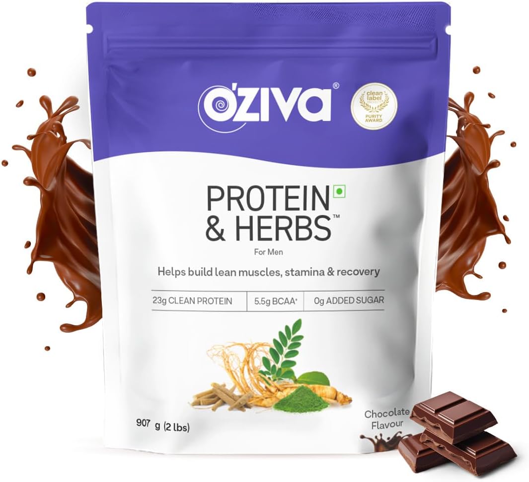 Protein & Herbs, Men with Multivitamins,Ashwagandha,Brahmi,Maca, Musli for Improved Stamina, Lean Muscles & Recovery, 2.2 lbs, Chocolate. Soy Free, Gluten Free, Non GMO