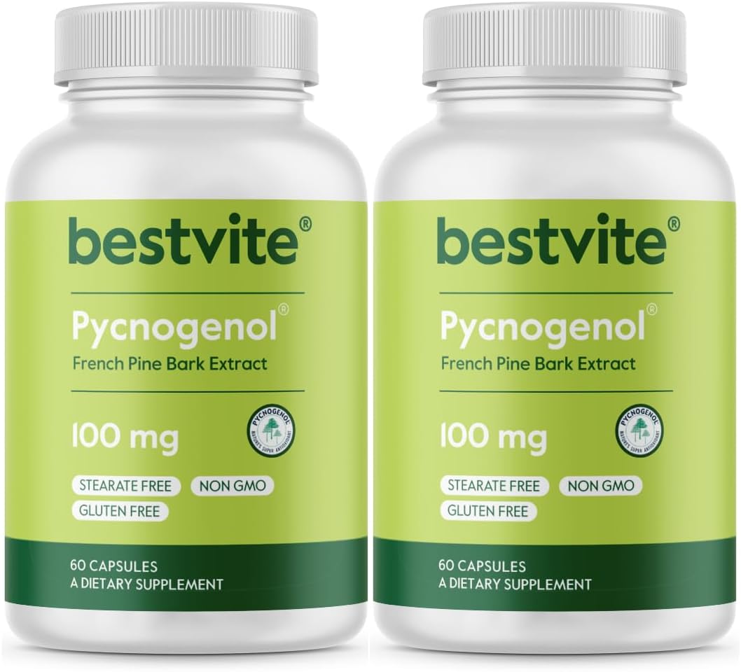 BESTVITE Pycnogenol 100mg (120 Capsules) (60x2) - French Maritime Pine Bark Extract - No Stearates - Gluten Free - Non GMO