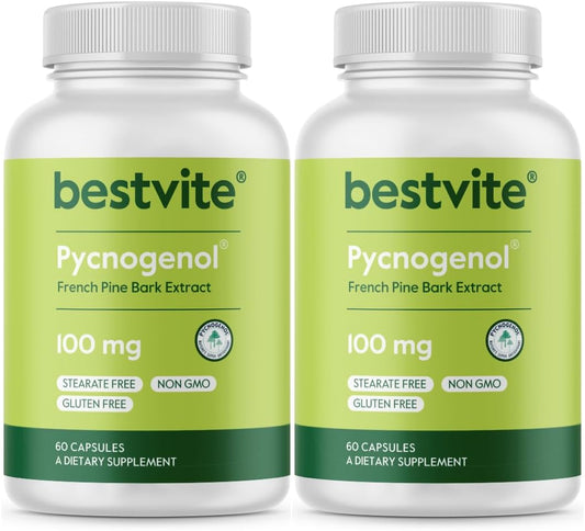 BESTVITE Pycnogenol 100mg (120 Capsules) (60x2) - French Maritime Pine Bark Extract - No Stearates - Gluten Free - Non GMO