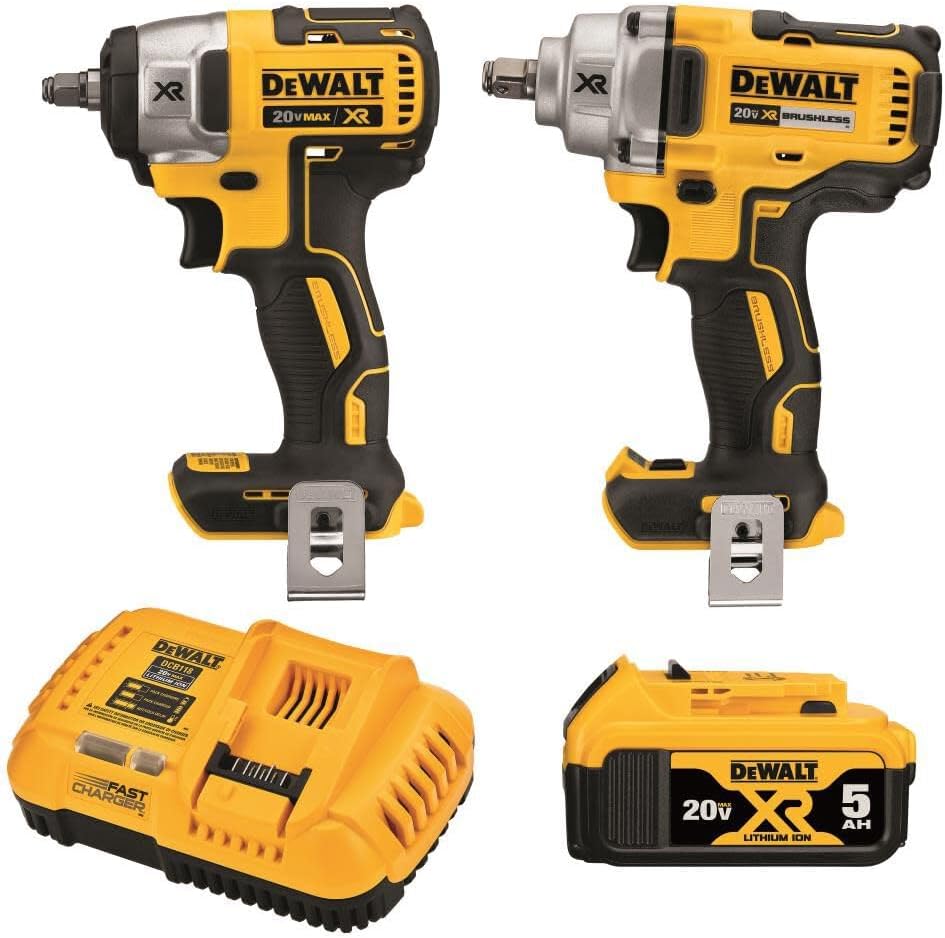 DEWALT 20V MAX Impact Wrench, Cordless 2-Tool Combo Kit, 1\/2-Inch Mid-Range and 3\/8-inch Compact with 5ah Battery and Charger (DCK205P1)