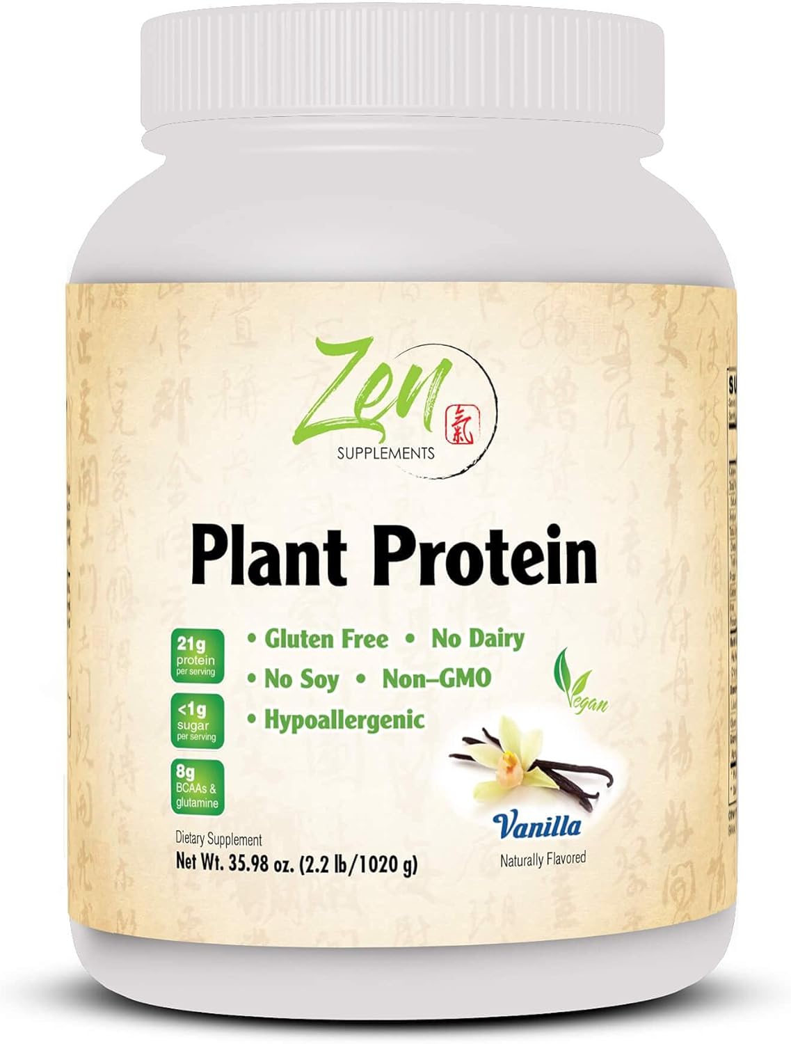 Zen Supplements - Plant Protein-Vanilla 1020G 2.2LB-Powder - 25 Grams of Protein Per Serving -Vegan, Low Net Carbs, Non Dairy, Gluten Free, Lactose Free, No Sugar Added, Soy Free, Kosher, Non-GMO