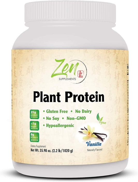 Zen Supplements - Plant Protein-Vanilla 1020G 2.2LB-Powder - 25 Grams of Protein Per Serving -Vegan, Low Net Carbs, Non Dairy, Gluten Free, Lactose Free, No Sugar Added, Soy Free, Kosher, Non-GMO