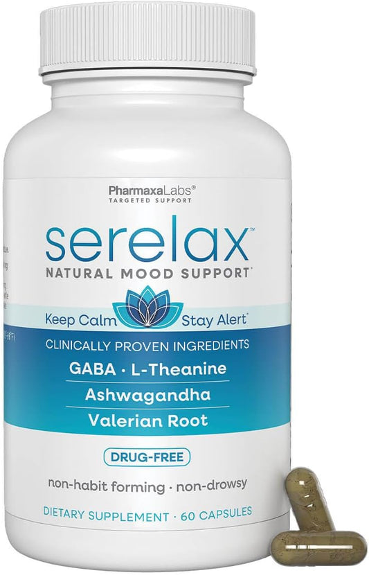 Serelax - Stress Relief Supplement - Supports Mood & Mental Focus - Feel Calm and Relaxed - Eases Tension & Nervousness - Ashwagandha, GABA, Valerian & L-Theanine - 60 Capsules