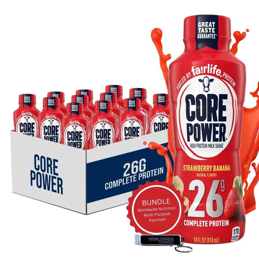 Worldwide Nutrition Bundle: Core Power Fairlife 26g Protein Milk Shakes - Ready To Drink for Workout Recovery - Strawberry Banana Flavor, 14 Fl Oz (Pack of 12) and Multi-Purpose Key Chain