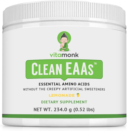 VitaMonk Clean EAA - EAAs with No Artificial Sweeteners for Pre-Workout, Energy and Recovery - Max Bioavailable EAA Powder with 9 Essential Amino Acids - Natural Lemonade Flavor
