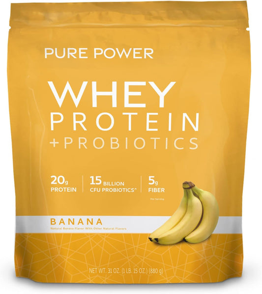 Dr. Mercola Pure Power Whey Protein + Probiotics - Supports Muscle Recovery & Digestive Health - Pasture-Raised Whey - MCTs & Fiber - Vanilla - 31 oz (22 Servings) - Banana