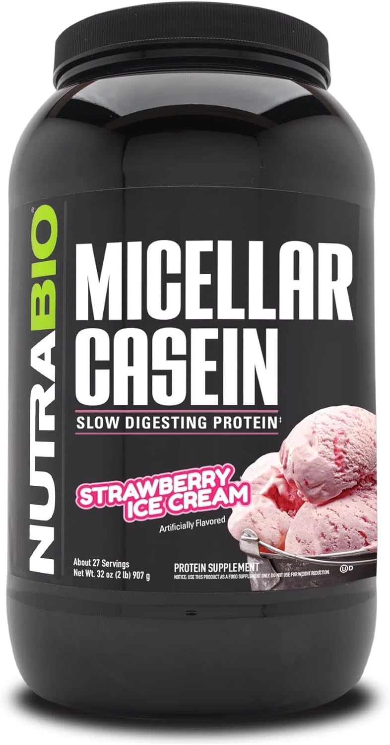 NutraBio Casein Protein Powder, Micellar Casien Powder, 25g Slow Digesting Protein, Helps Keep You Full, Overnight Muscle Recovery & Growth, BCAA & EAA, Gluten Free, Soy Free, 2lb Strawberry Ice Cream