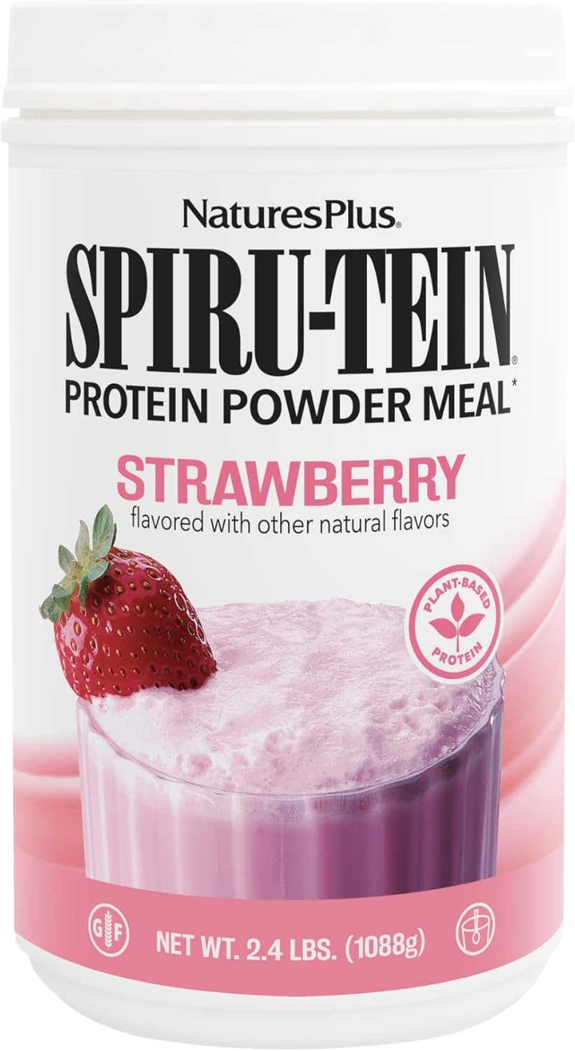 Natures Plus SPIRU-TEIN, Strawberry - 2.4 lb - Plant-Based Protein Shake - Non-GMO, Vegetarian, Gluten Free - 32 Servings