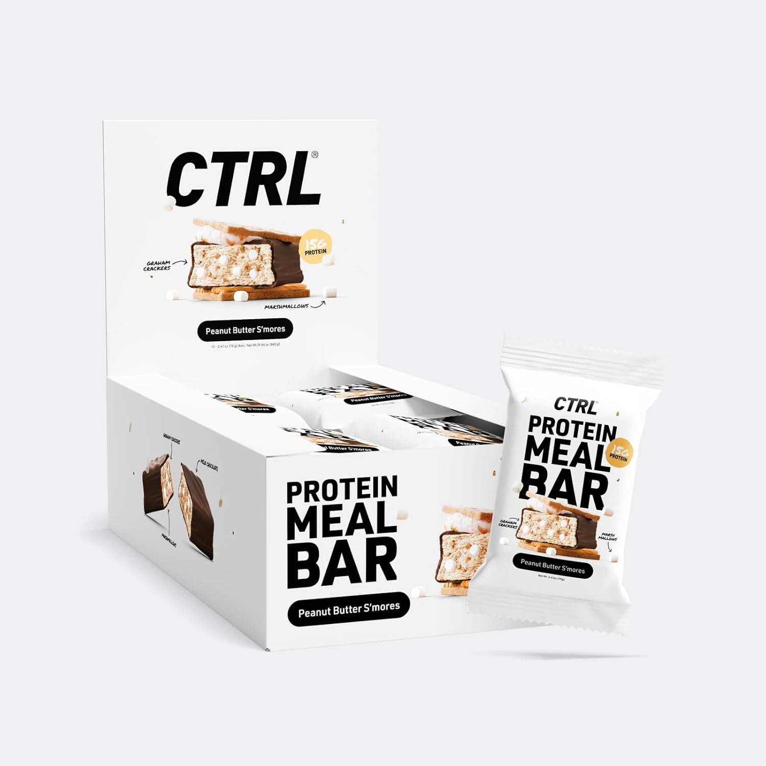 CTRL Protein Meal Bars - Peanut Butter S'mores Flavor - 15g Protein, 280 Calories - Wholesome Ingredients for Energy & Taste - 12 Bars