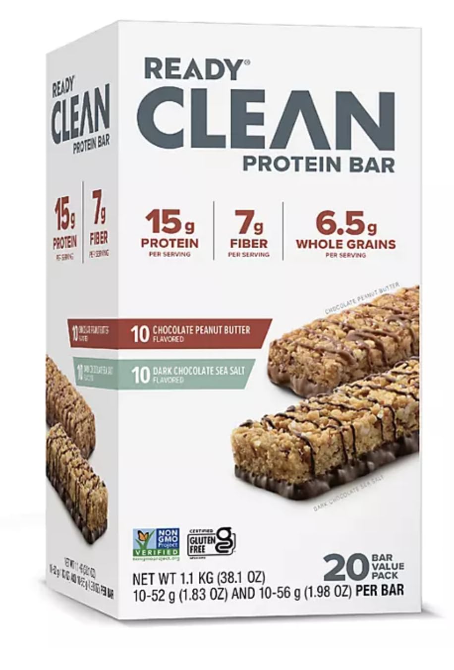 Ready Clean Protein Bars Variety Pack Chocolate Peanut Butter and Dark Chocolate Sea Salt, 20 Count, 15g Protein