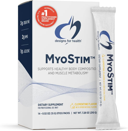 Designs for Health MyoStim - HMB + Collagen Peptides Powder with L-Leucine + Creatine to Support Healthy Aging - May Help Attenuate Age-Related Muscle Loss - Clementine-Flavored Drink (14 Stick Packs)