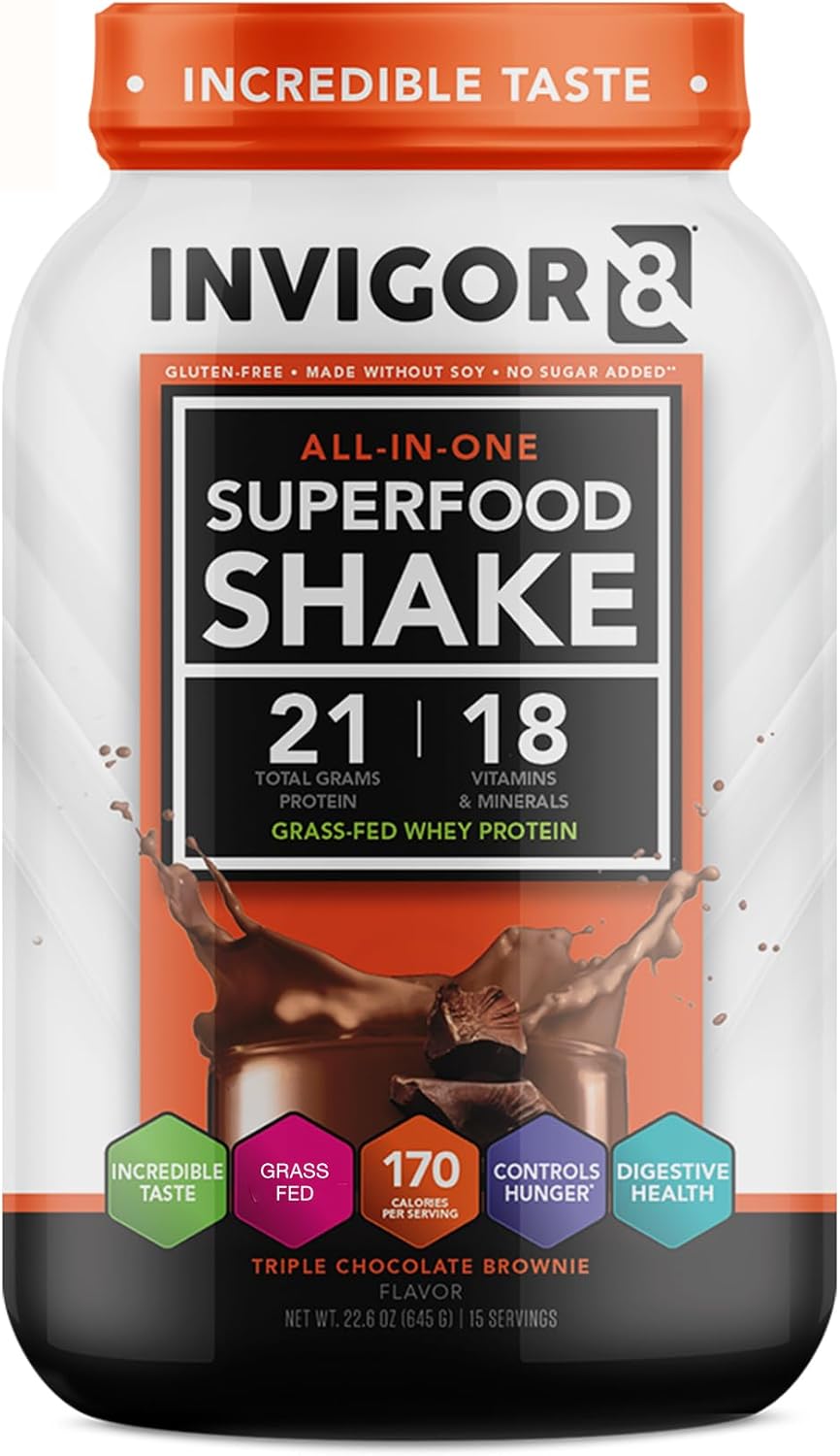 INVIGOR8 Superfood Grass Fed Whey Protein Isolate Shake Chocolate Brownie Gluten-Free and Non GMO Meal Replacement with Probiotics and Omega 3 (645g)