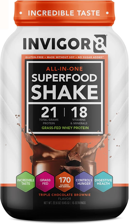 INVIGOR8 Superfood Grass Fed Whey Protein Isolate Shake Chocolate Brownie Gluten-Free and Non GMO Meal Replacement with Probiotics and Omega 3 (645g)