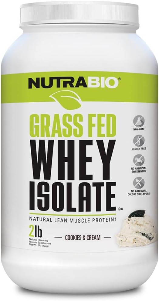 NutraBio Grass Fed Whey Isolate Protein Powder - 25G of Protein Per Scoop - Sugar Free Natural Lean Muscle Protein Supplement - Cookies & Cream - 2 Pounds, 29 Servings
