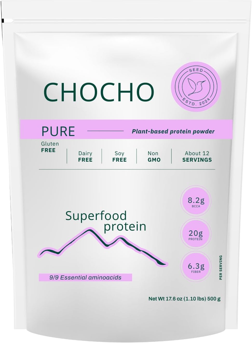 Chocho Pure Plant-Based Protein Powder, Gluten Free, Dairy Free, Soy Free, Non-GMO, 17.6 oz