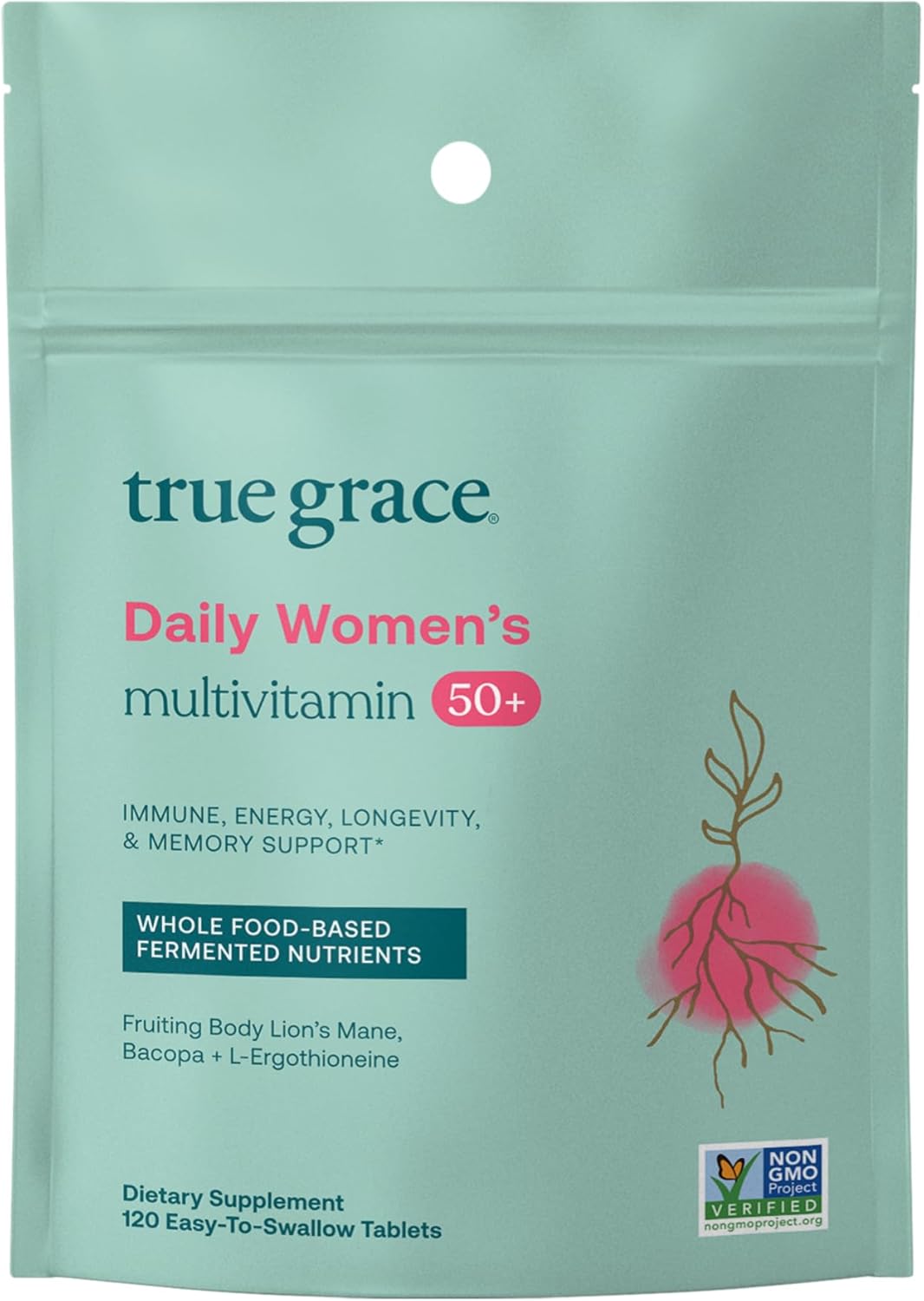 True Grace Daily Women\u2019s Multivitamin 50+ - 120 Easy-to-Swallow Tablets - Immune, Energy, Longevity & Memory Support - Vegan - Gluten, Soy & Iron Free - 60 Servings