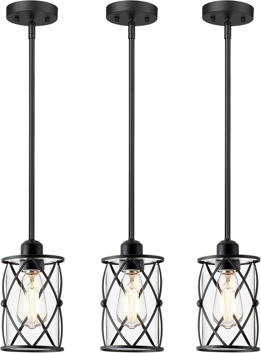 Osimir Glass Pendant Lights Kitchen Island 3 Pack, Black Kitchen Pendant Lighting Over Island with Rod, Modern Mini Hanging Light for Sink Dining Room, CH9176BK-3PK