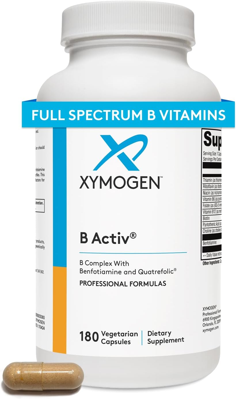 XYMOGEN B Activ Vitamin B Complex with Benfotiamine, Methylfolate, Biotin, Vitamin B6 & B12 (Methylcobalamin b12) - Energy Supplements for Adrenal & Mood Support (180 Capsules)