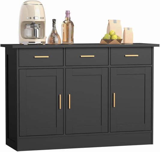 Buffet Cabinet with Storage - Buffets & Sideboards Kitchen Storage Cabinet, Wood Console Table Coffee Bar Accent Cabinets for Living Room Dining Room Entryway Large 3 Doors & Drawers, Black