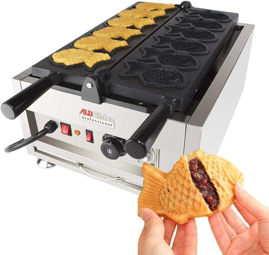 ALDKitchen Taiyaki Fish Waffle Maker | Fish-Shaped Waffle Iron | Nonstick (6 Pcs (Closed-Mouth Fish))